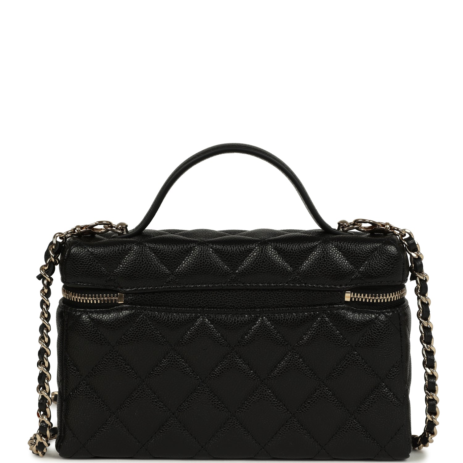 Chanel Top Handle Long Vanity Case with Chain Black Shiny Caviar Light Gold Hardware