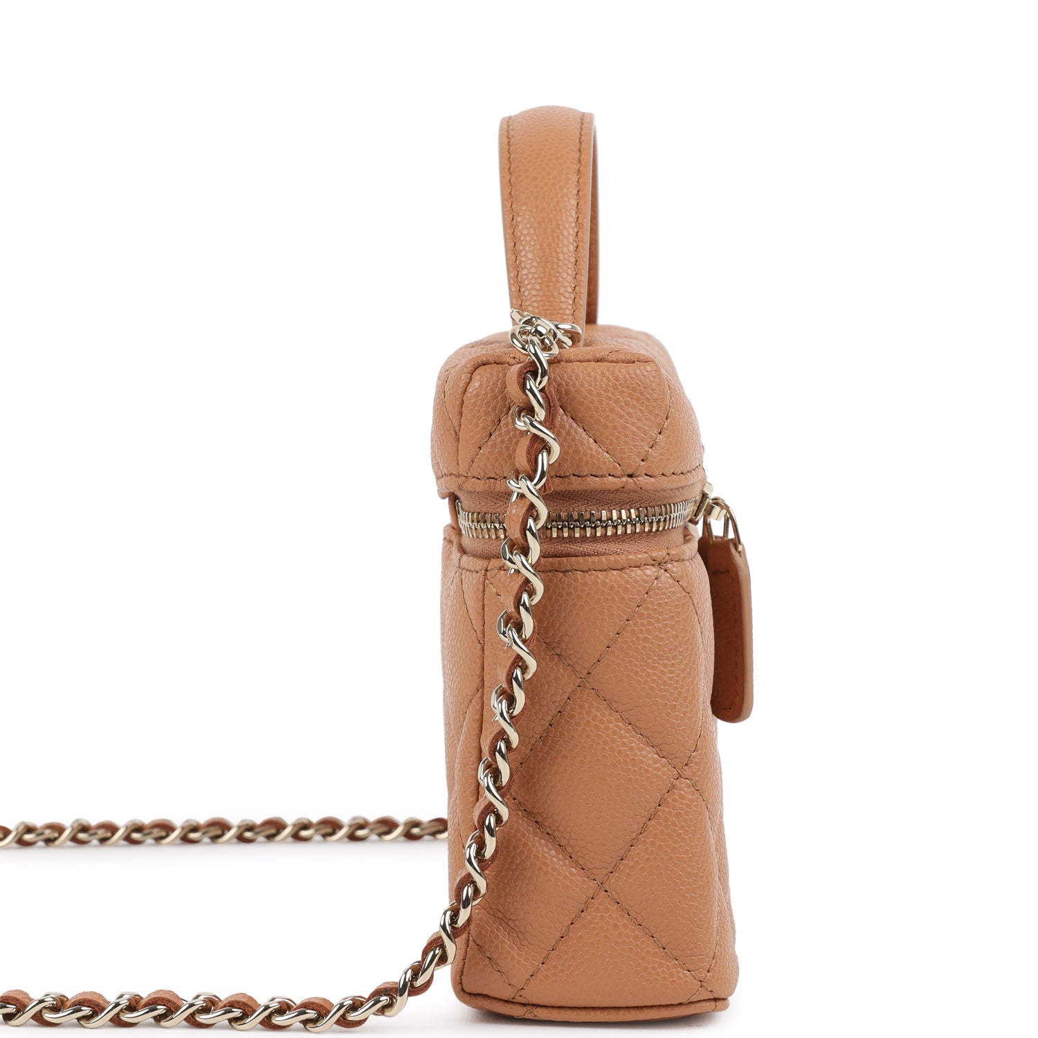 Chanel Top Handle Long Vanity Case with Chain Caramel Shiny Caviar Light Gold Hardware
