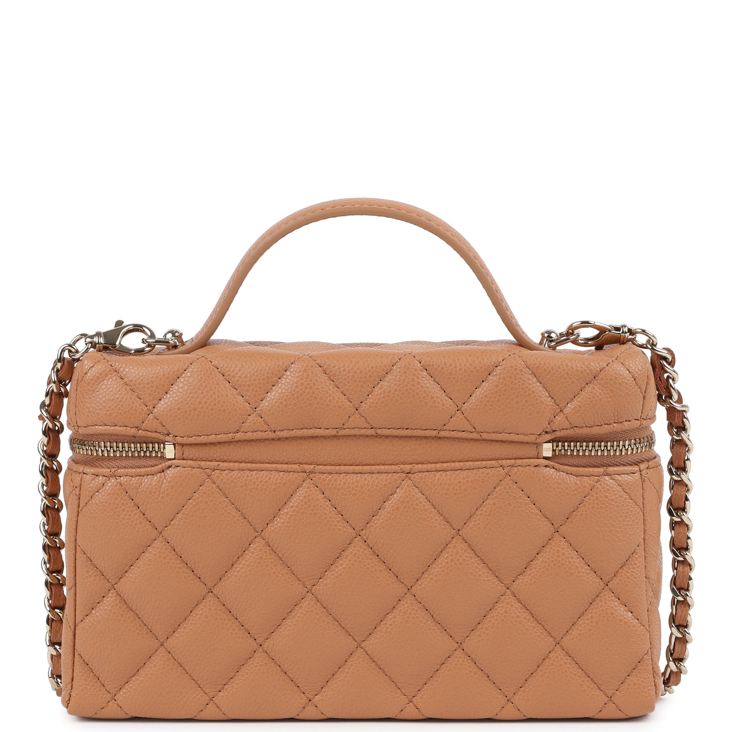 Chanel Top Handle Long Vanity Case with Chain Caramel Shiny Caviar Light Gold Hardware
