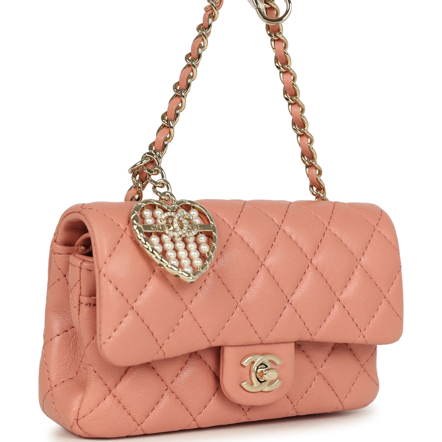 Chanel Nano Classic Double Flap Bag Charm Pink Lambskin Light Gold Hardware