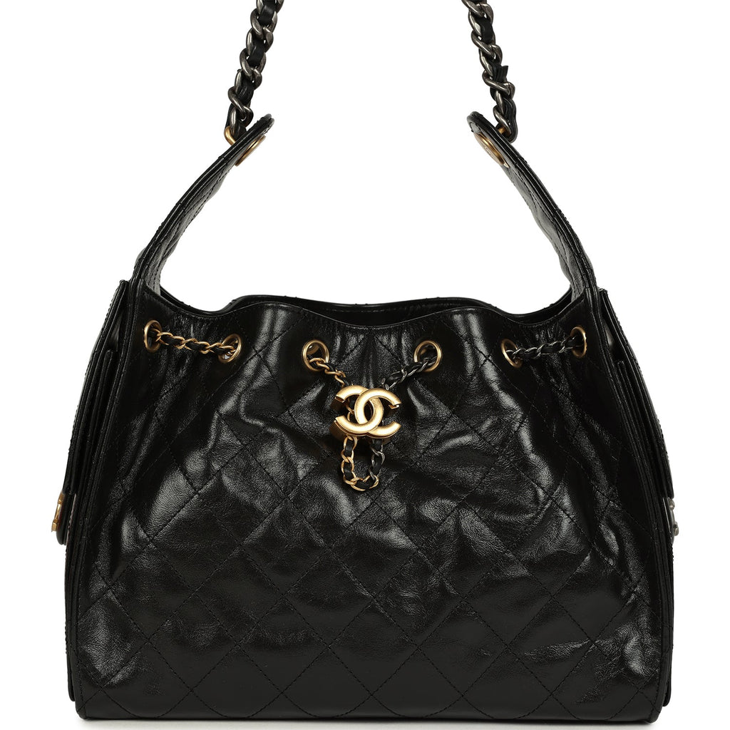 Chanel Small 25 Hobo Bag Black Shiny Crumpled Calfskin Mixed Metal Hardware