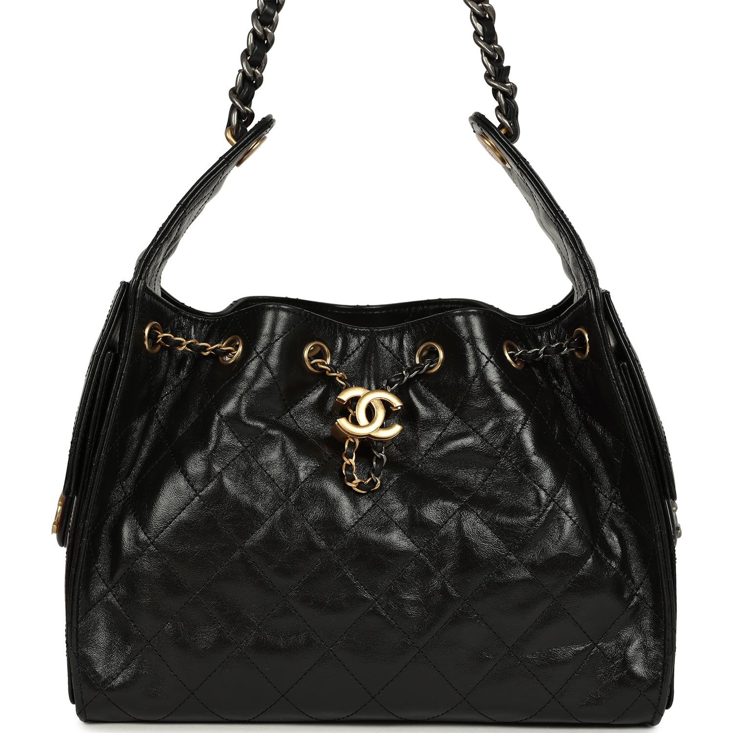 Chanel Small 25 Hobo Bag Black Shiny Crumpled Calfskin Mixed Metal Hardware