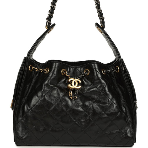 Chanel Small 25 Hobo Bag Black Shiny Crumpled Calfskin Mixed Metal Hardware