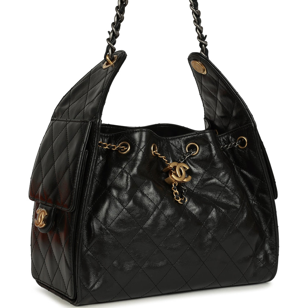 Chanel Small 25 Hobo Bag Black Shiny Crumpled Calfskin Mixed Metal Hardware