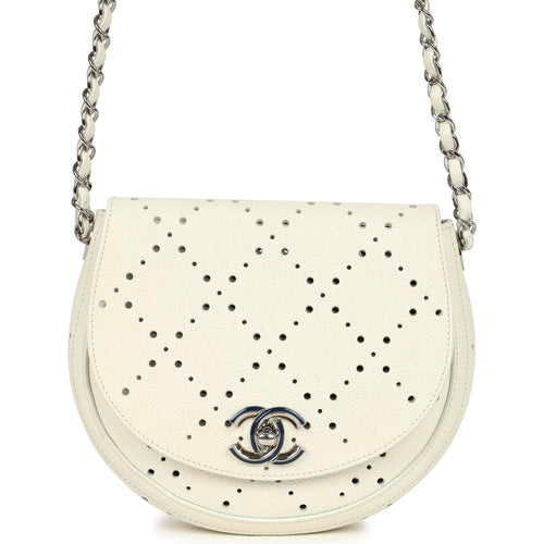 Chanel Perforated Messenger Bag White Caviar Silver Hardware