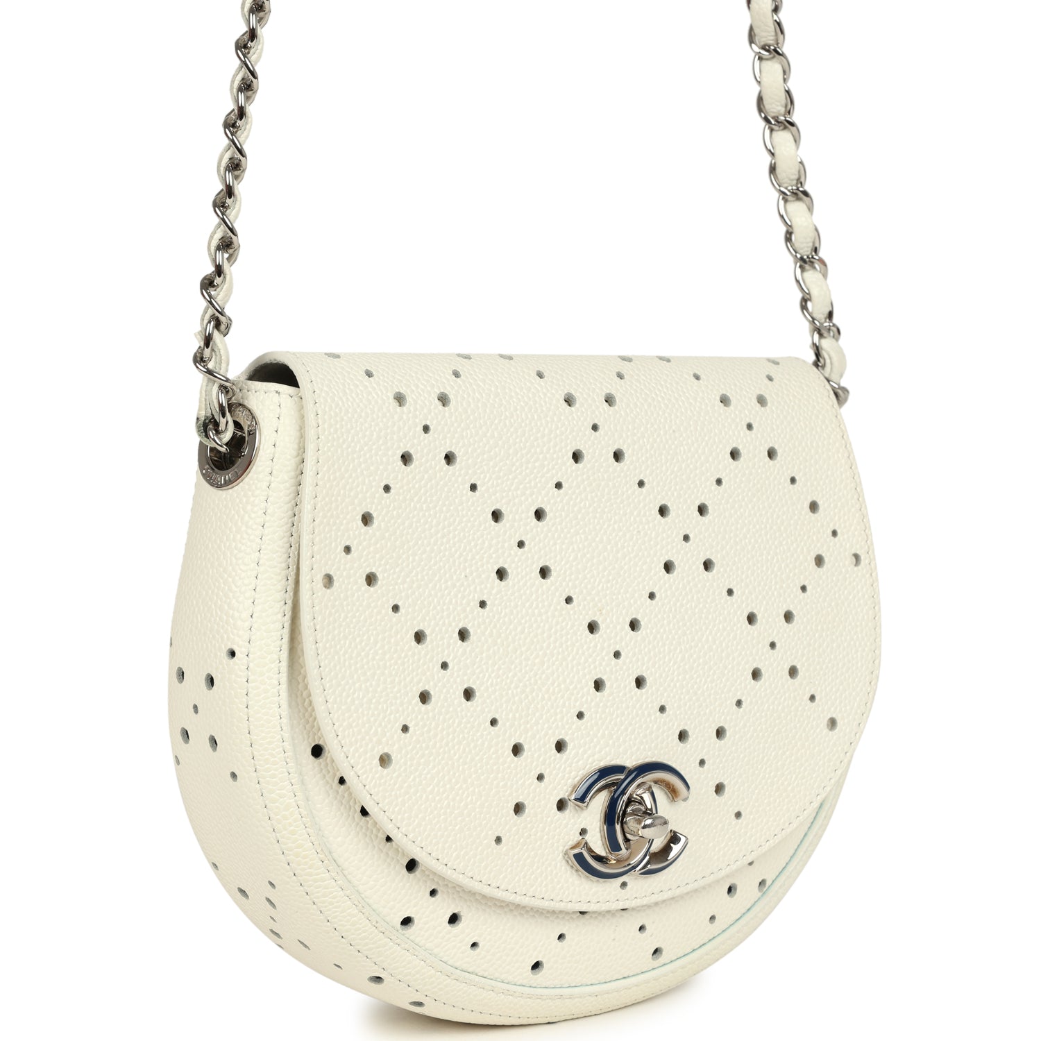 Chanel Perforated Messenger Bag White Caviar Silver Hardware