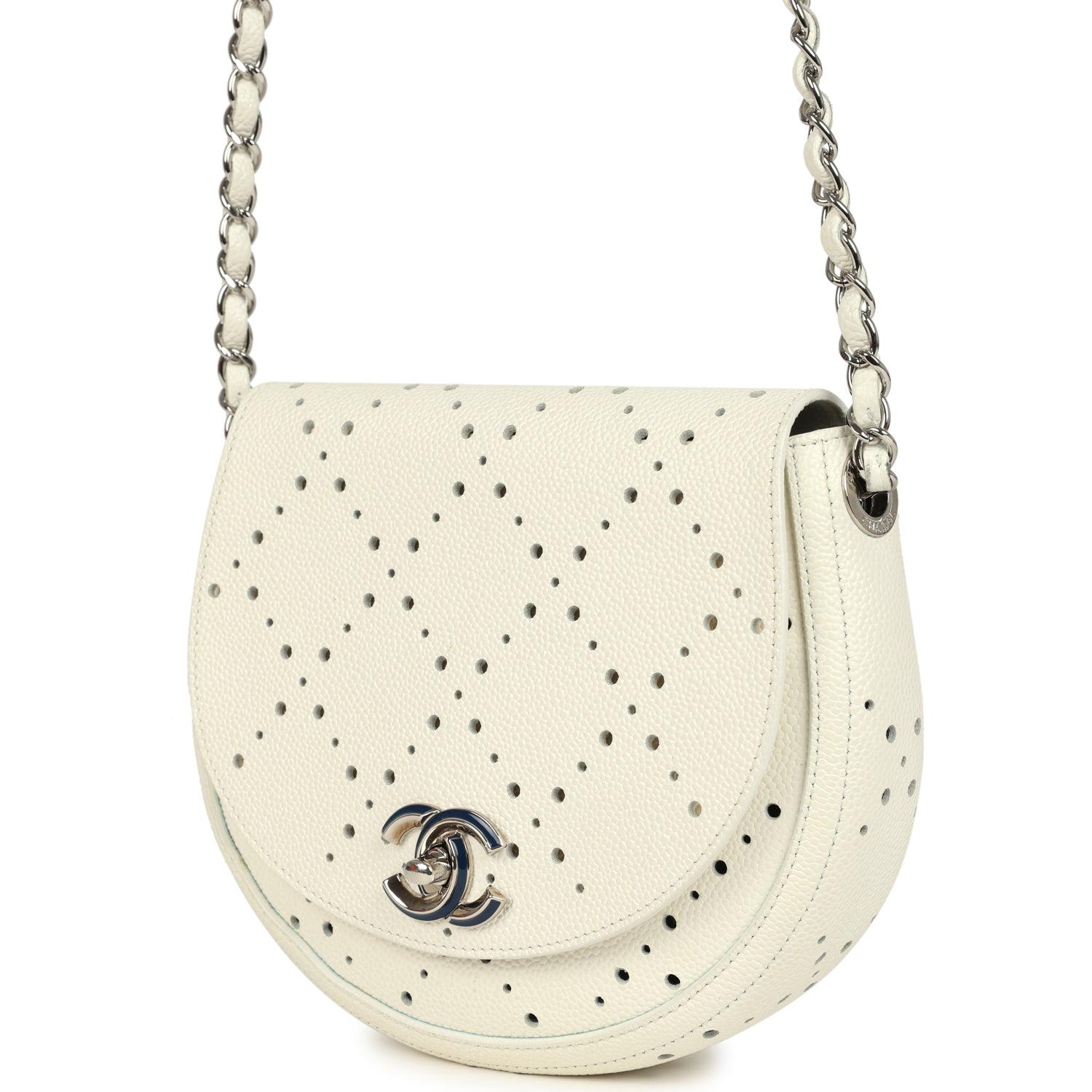 Chanel Perforated Messenger Bag White Caviar Silver Hardware