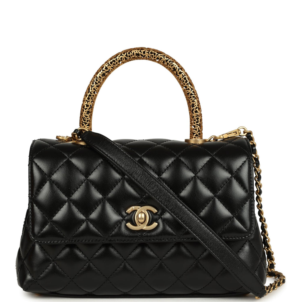 Chanel Small Coco Top Handle Flap Bag Shiny Calfskin Brushed Gold Hardware