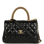 Chanel Small Coco Top Handle Flap Bag Shiny Calfskin Brushed Gold Hardware