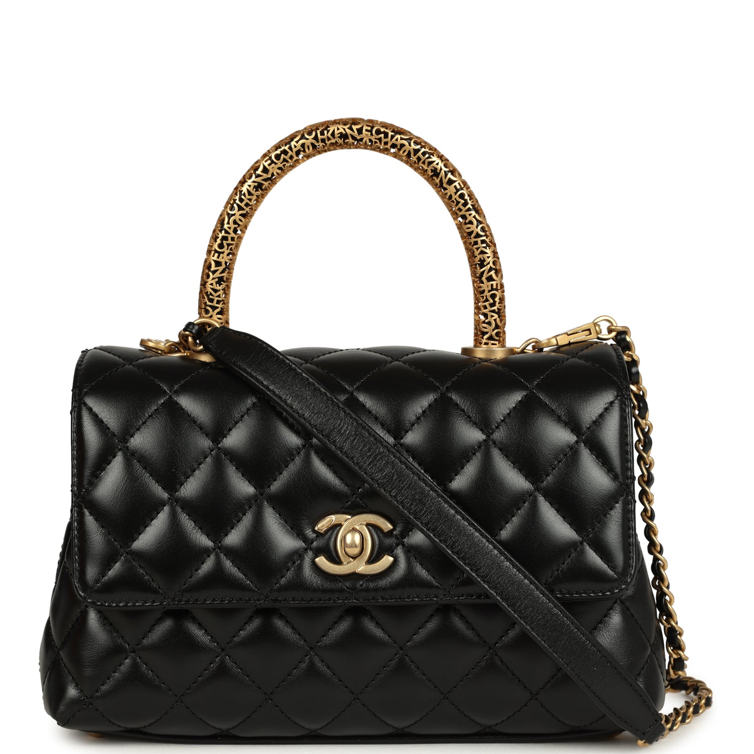 Chanel Small Coco Top Handle Flap Bag Shiny Calfskin Brushed Gold Hardware