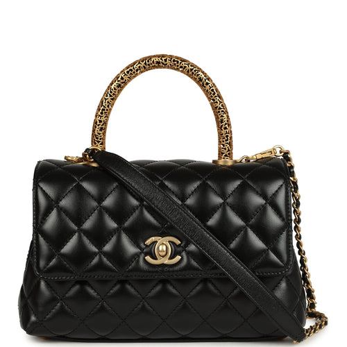 Chanel Small Coco Top Handle Flap Bag Shiny Calfskin Brushed Gold Hardware