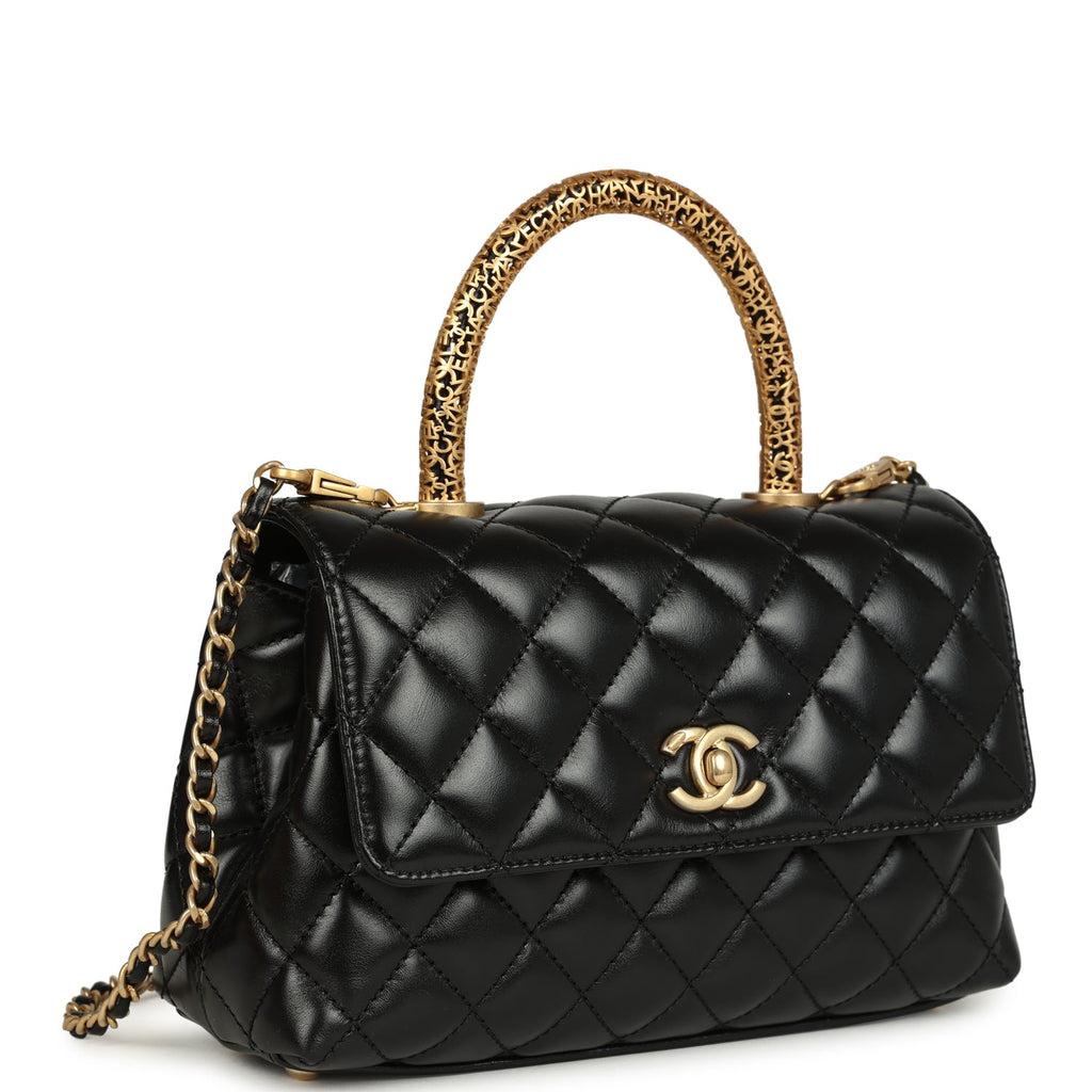 Chanel Small Coco Top Handle Flap Bag Shiny Calfskin Brushed Gold Hardware