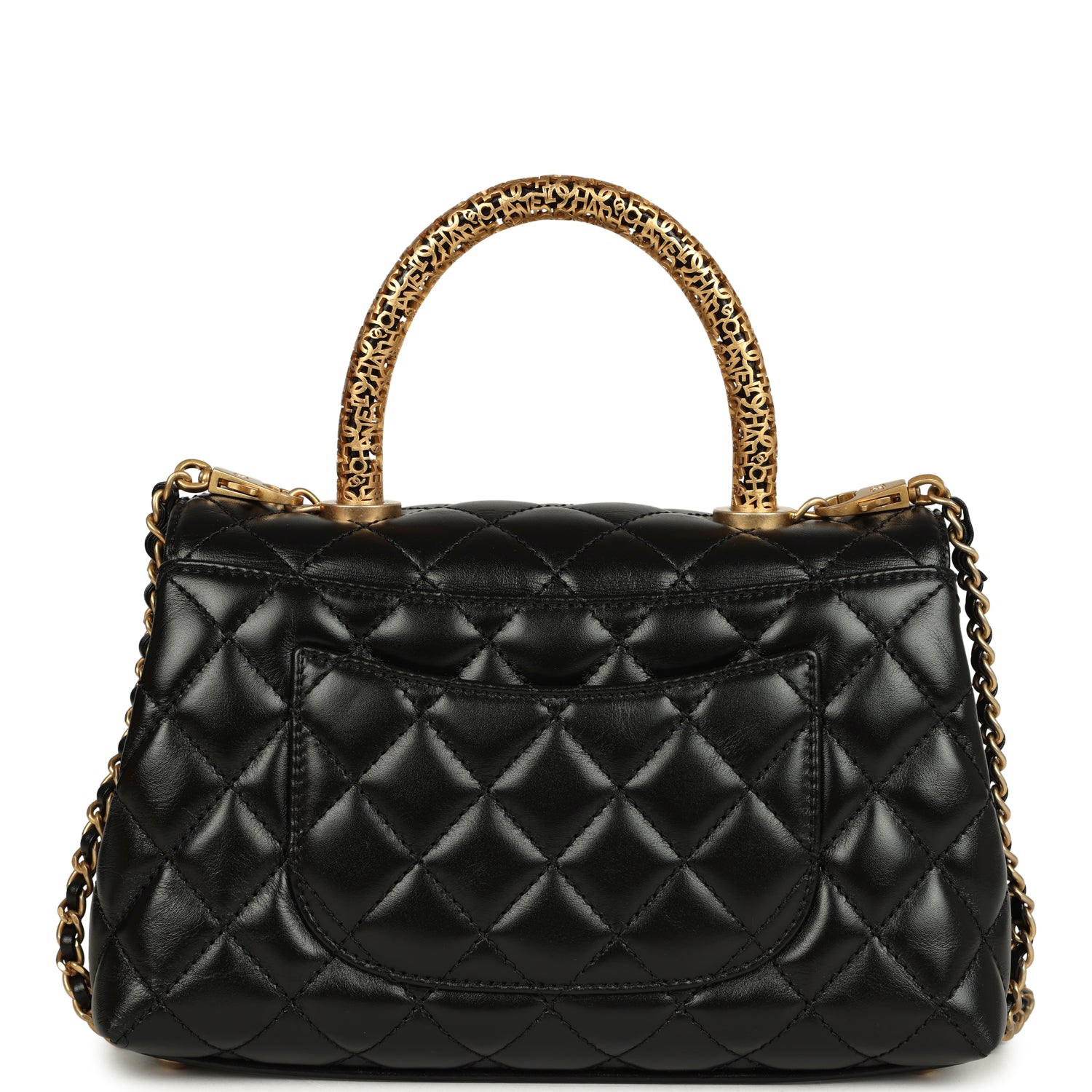 Chanel Small Coco Top Handle Flap Bag Shiny Calfskin Brushed Gold Hardware