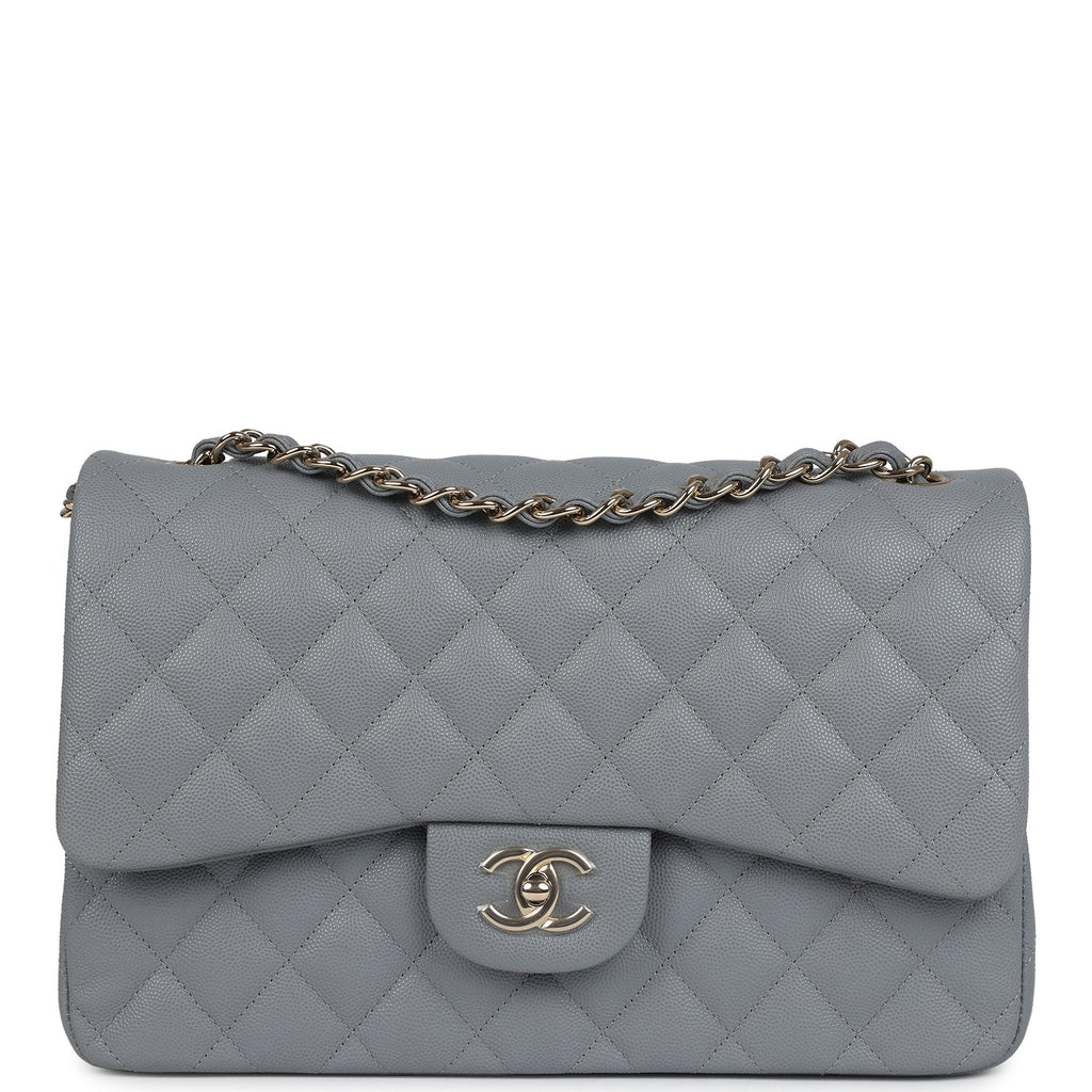 Chanel Jumbo Classic Double Flap Bag Light Grey Shiny Caviar Light Gold Hardware