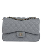 Chanel Jumbo Classic Double Flap Bag Light Grey Shiny Caviar Light Gold Hardware