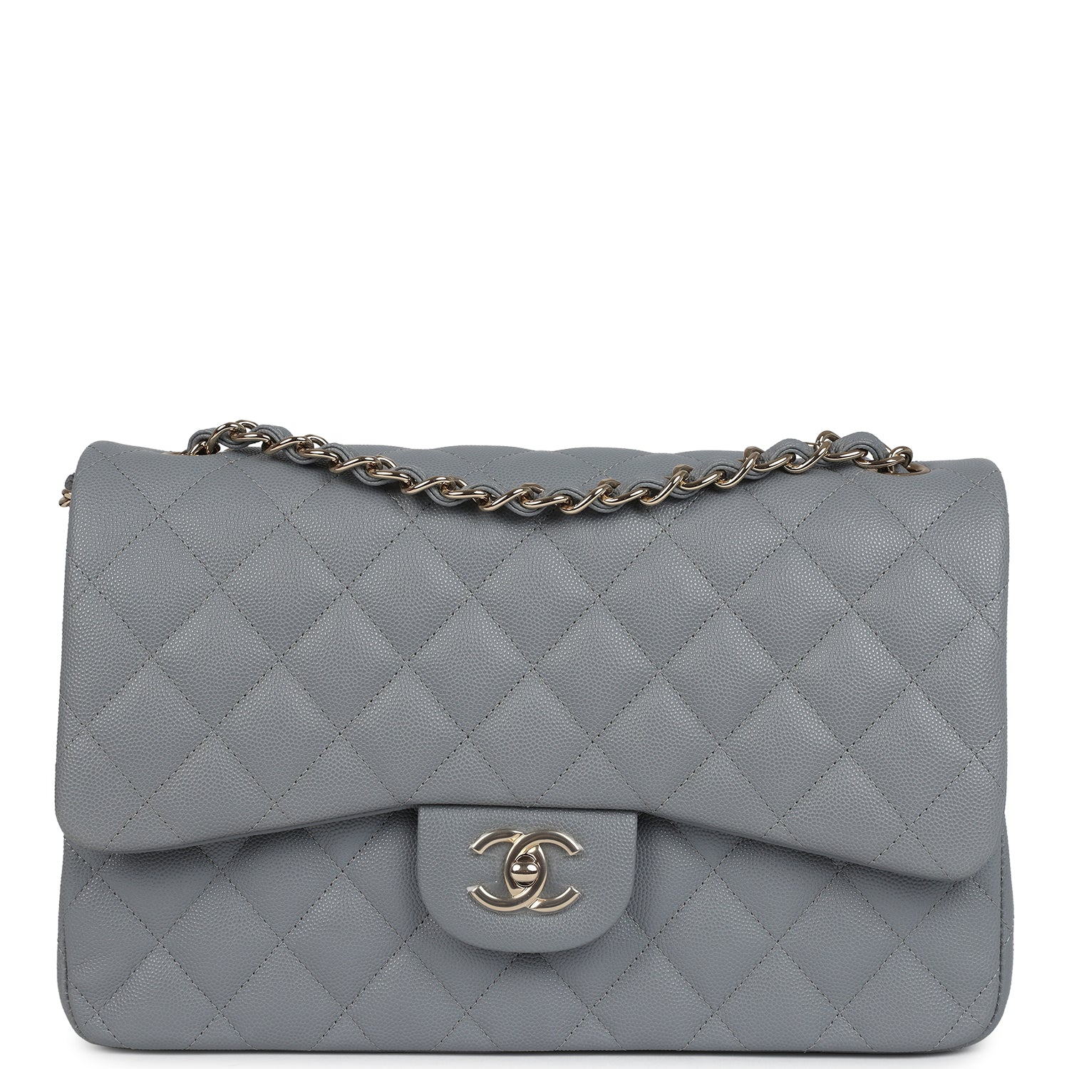 Chanel Jumbo Classic Double Flap Bag Light Grey Shiny Caviar Light Gold Hardware