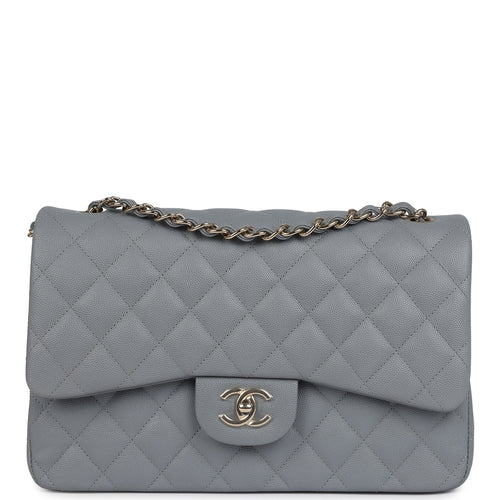 Chanel Jumbo Classic Double Flap Bag Light Grey Shiny Caviar Light Gold Hardware