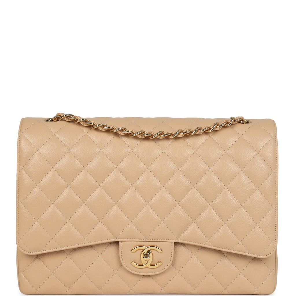 Chanel Maxi Classic Double Flap Bag Beige Caviar Gold Hardware