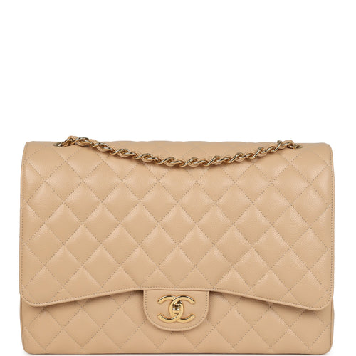 Chanel Maxi Classic Double Flap Bag Beige Caviar Gold Hardware