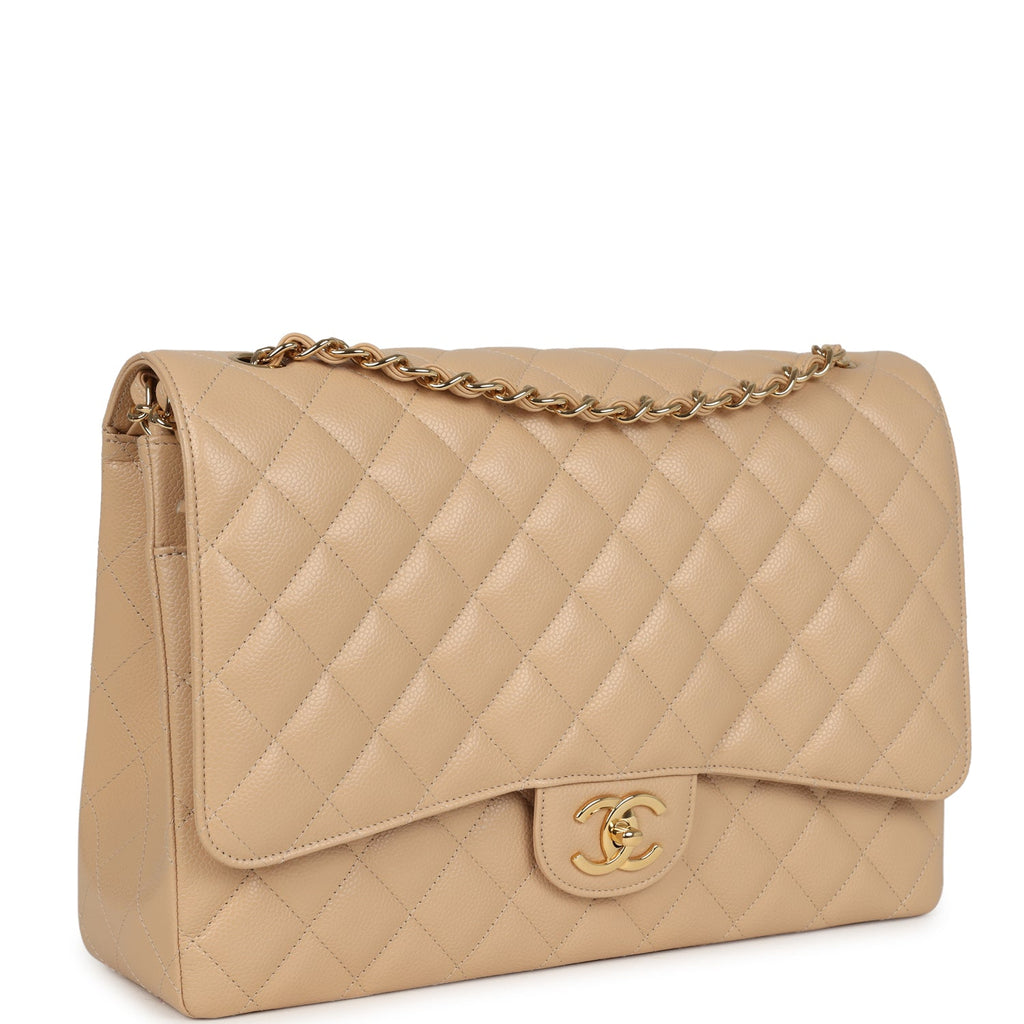 Chanel Maxi Classic Double Flap Bag Beige Caviar Gold Hardware