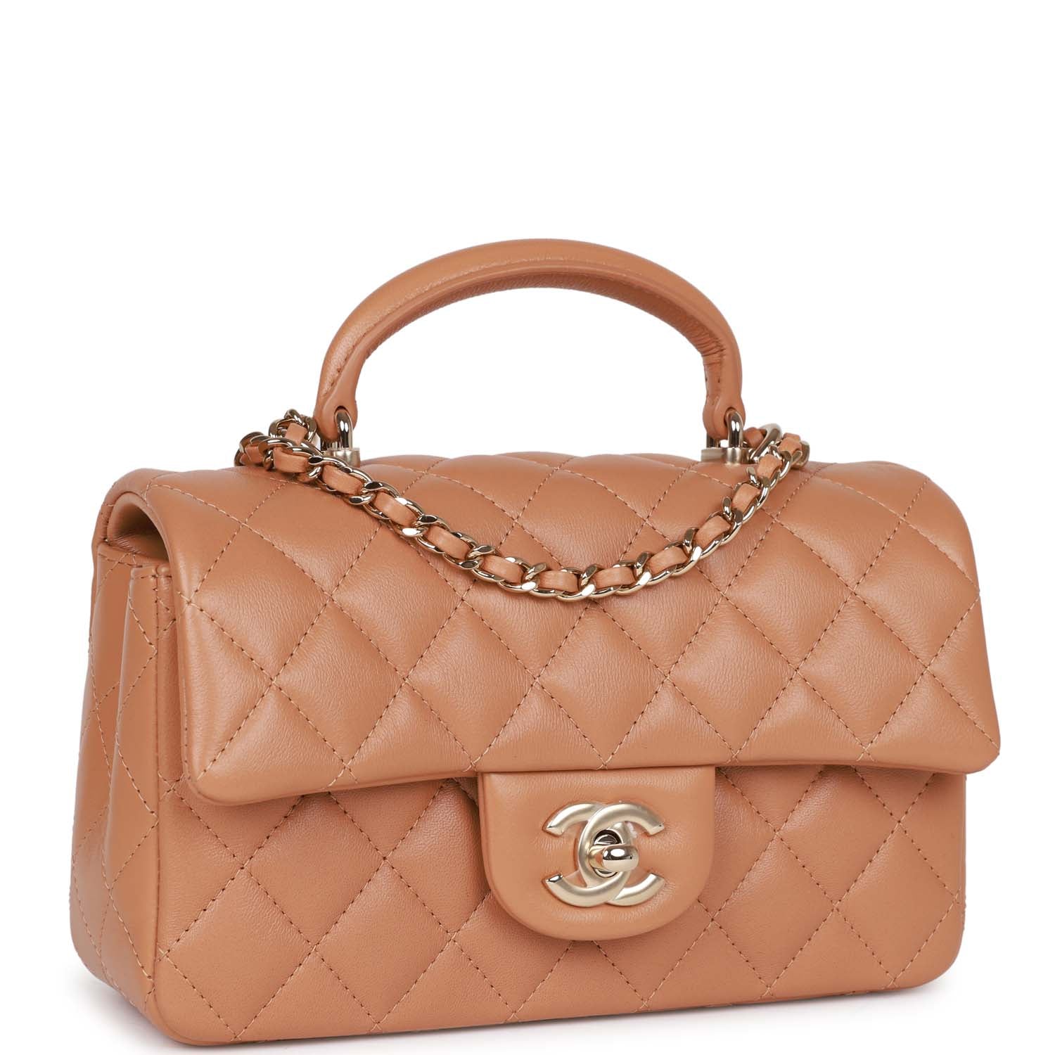 Chanel Mini Rectangular Flap with Top Handle Caramel Lambskin Light Gold Hardware