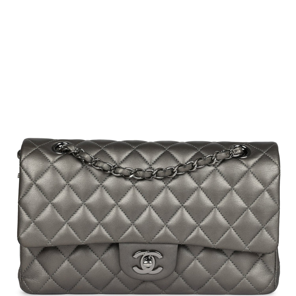 Chanel Medium Classic Double Flap Bag Metallic Grey Lambskin Silver Hardware