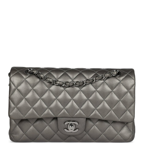 Chanel Medium Classic Double Flap Bag Metallic Grey Lambskin Silver Hardware