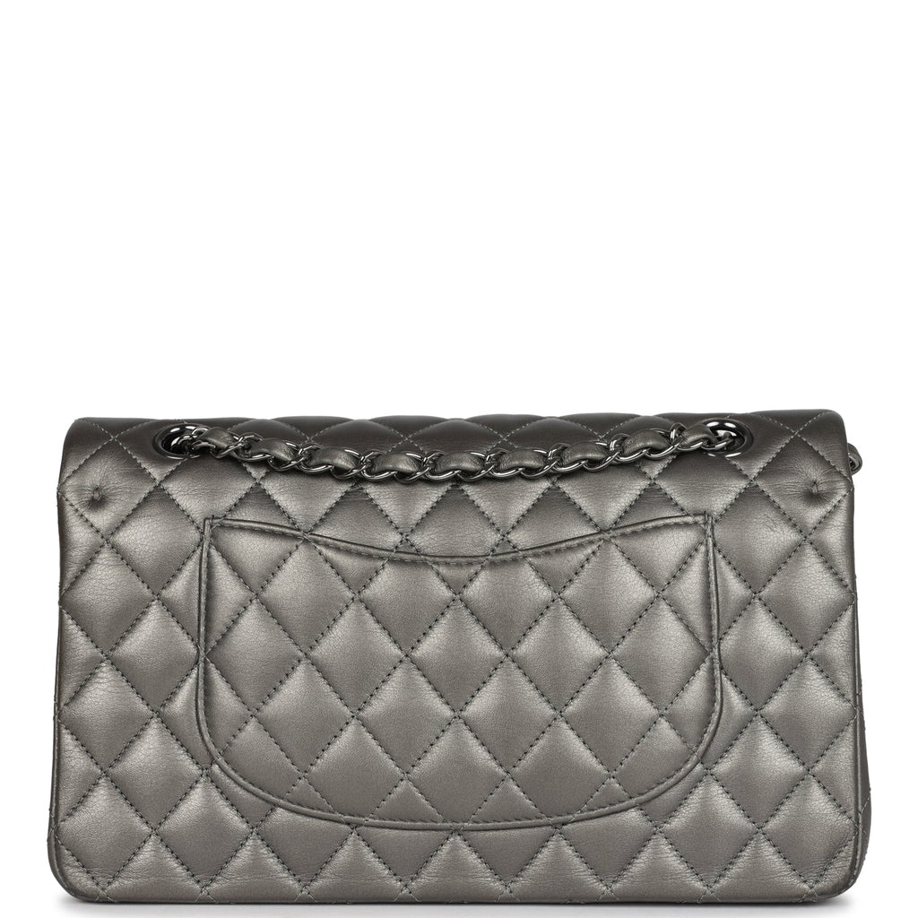 Chanel Medium Classic Double Flap Bag Metallic Grey Lambskin Silver Hardware