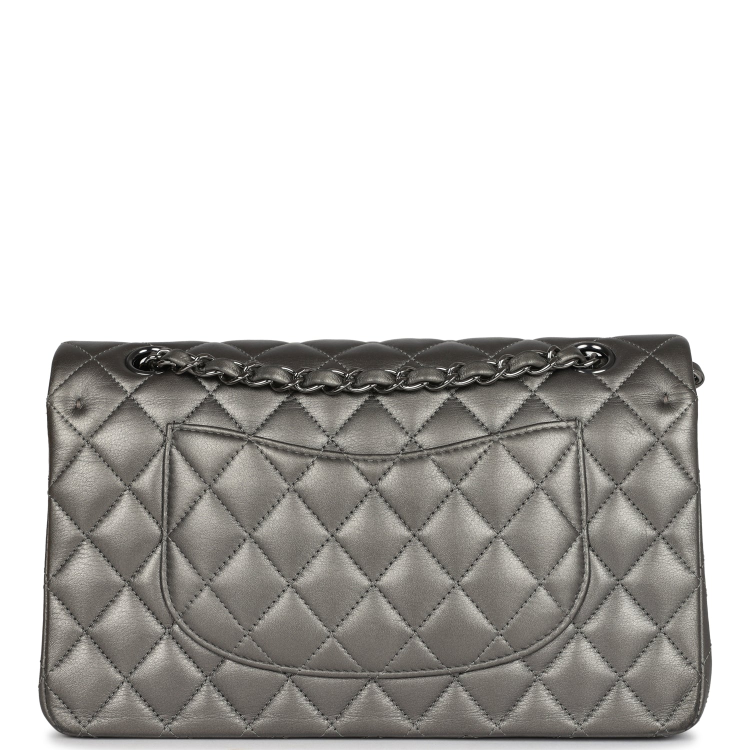 Chanel Medium Classic Double Flap Bag Metallic Grey Lambskin Silver Hardware