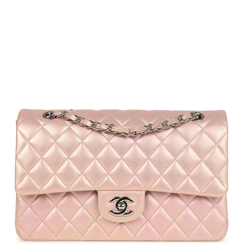 Chanel Medium Classic Double Flap Bag Pink Iridescent Lambskin Silver Hardware