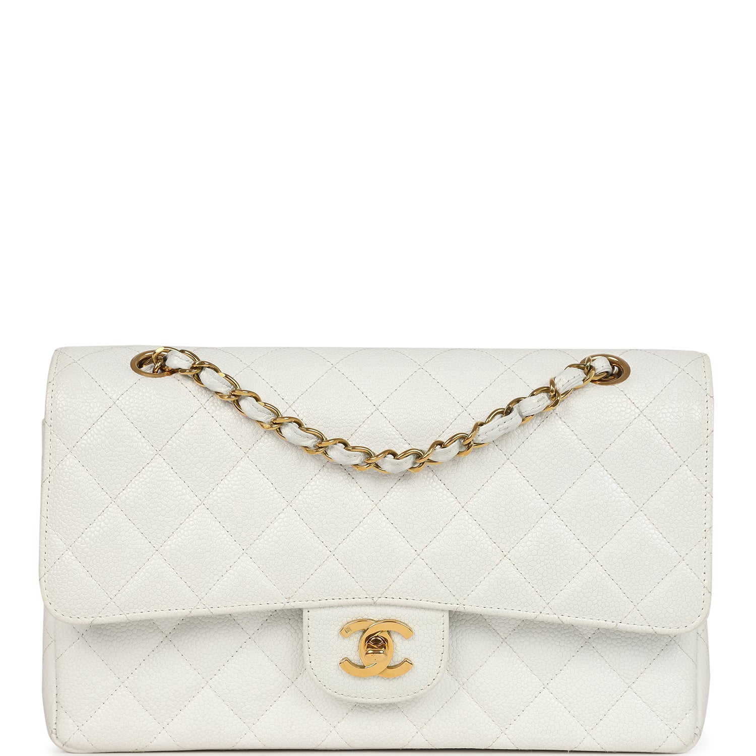 Vintage Chanel Medium Classic Double Flap White Caviar Gold Hardware