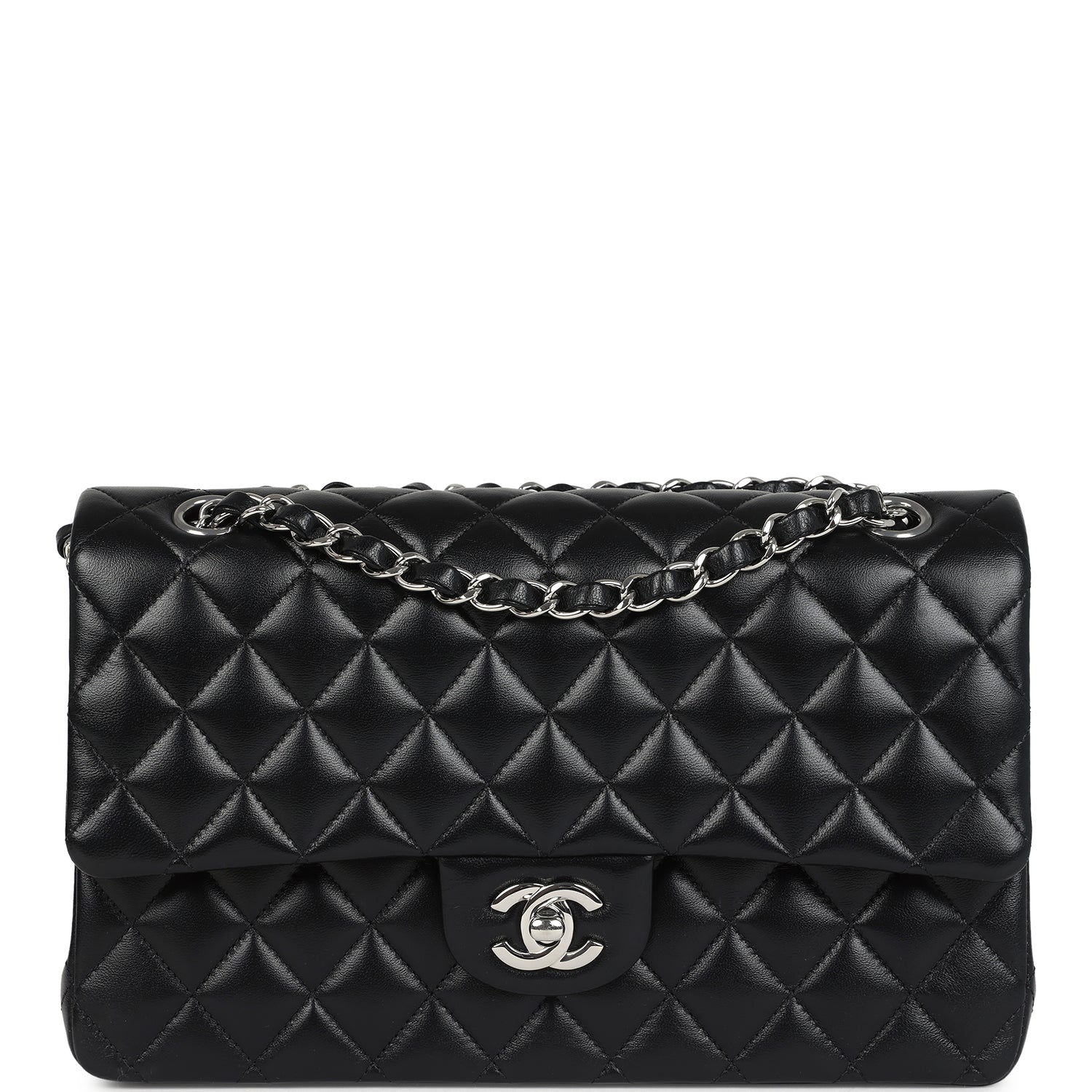 Chanel Medium Classic Double Flap Bag Black Lambskin Silver Hardware