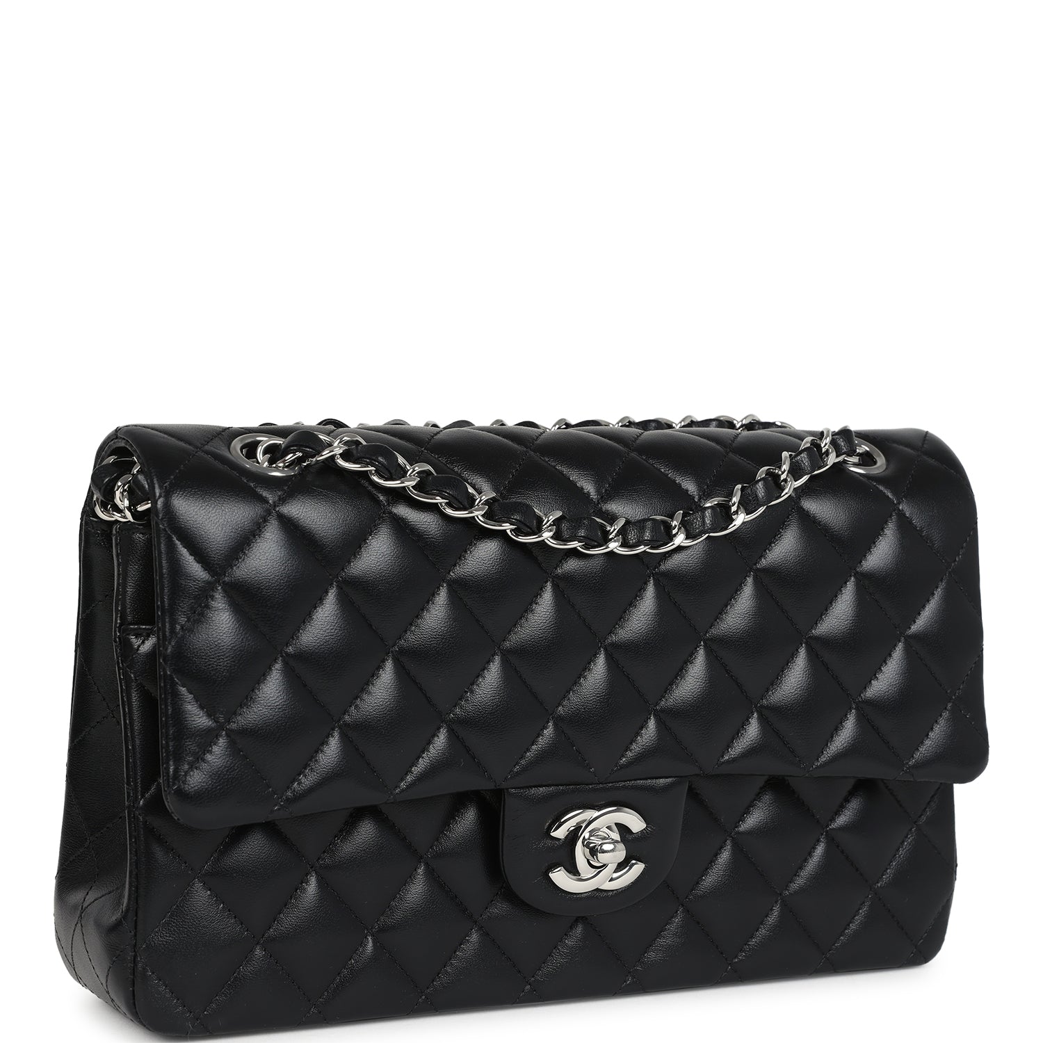 Chanel Medium Classic Double Flap Bag Black Lambskin Silver Hardware