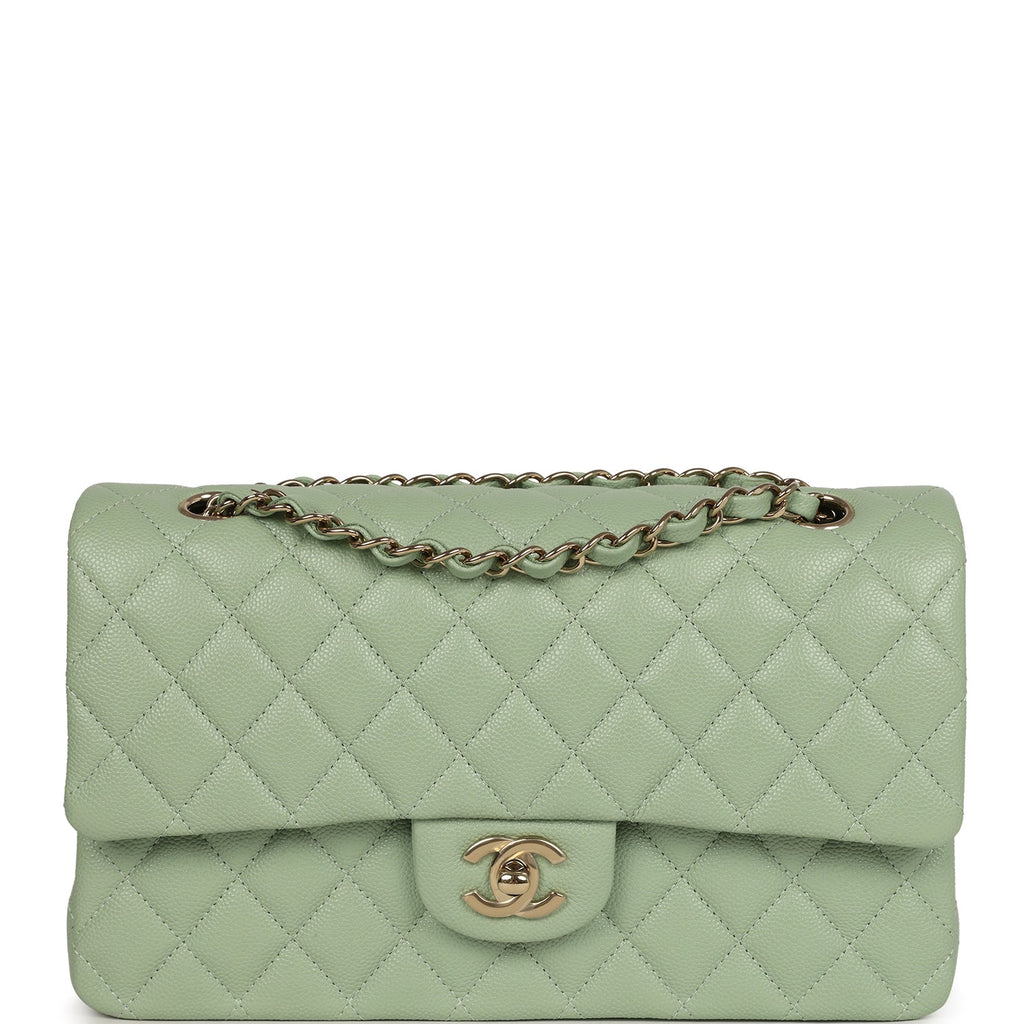 Chanel Medium Classic Double Flap Bag Light Green Caviar Light Gold Hardware