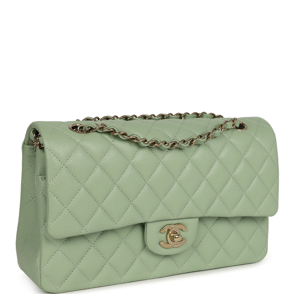 Chanel Medium Classic Double Flap Bag Light Green Caviar Light Gold Hardware