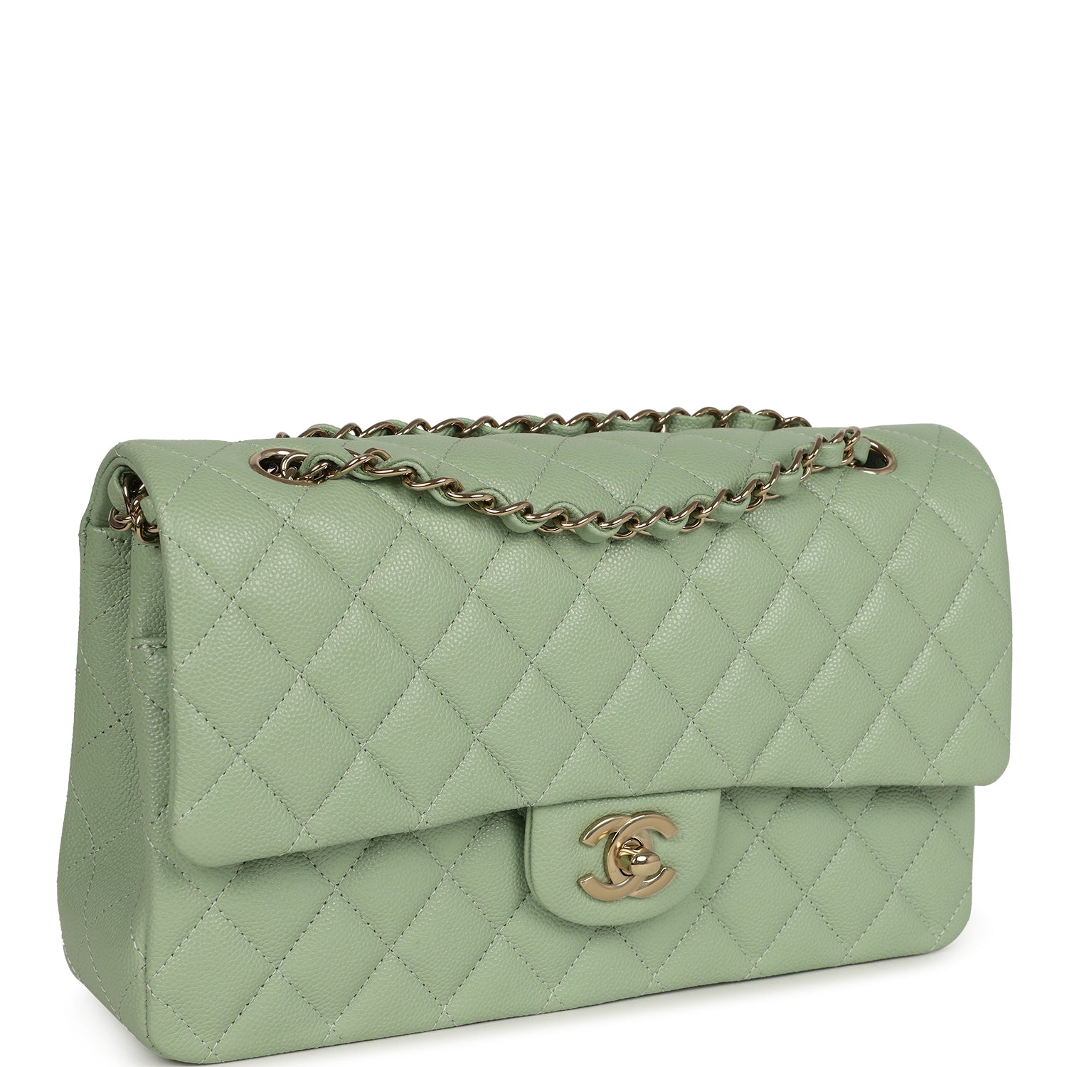 Chanel Medium Classic Double Flap Bag Light Green Caviar Light Gold Hardware