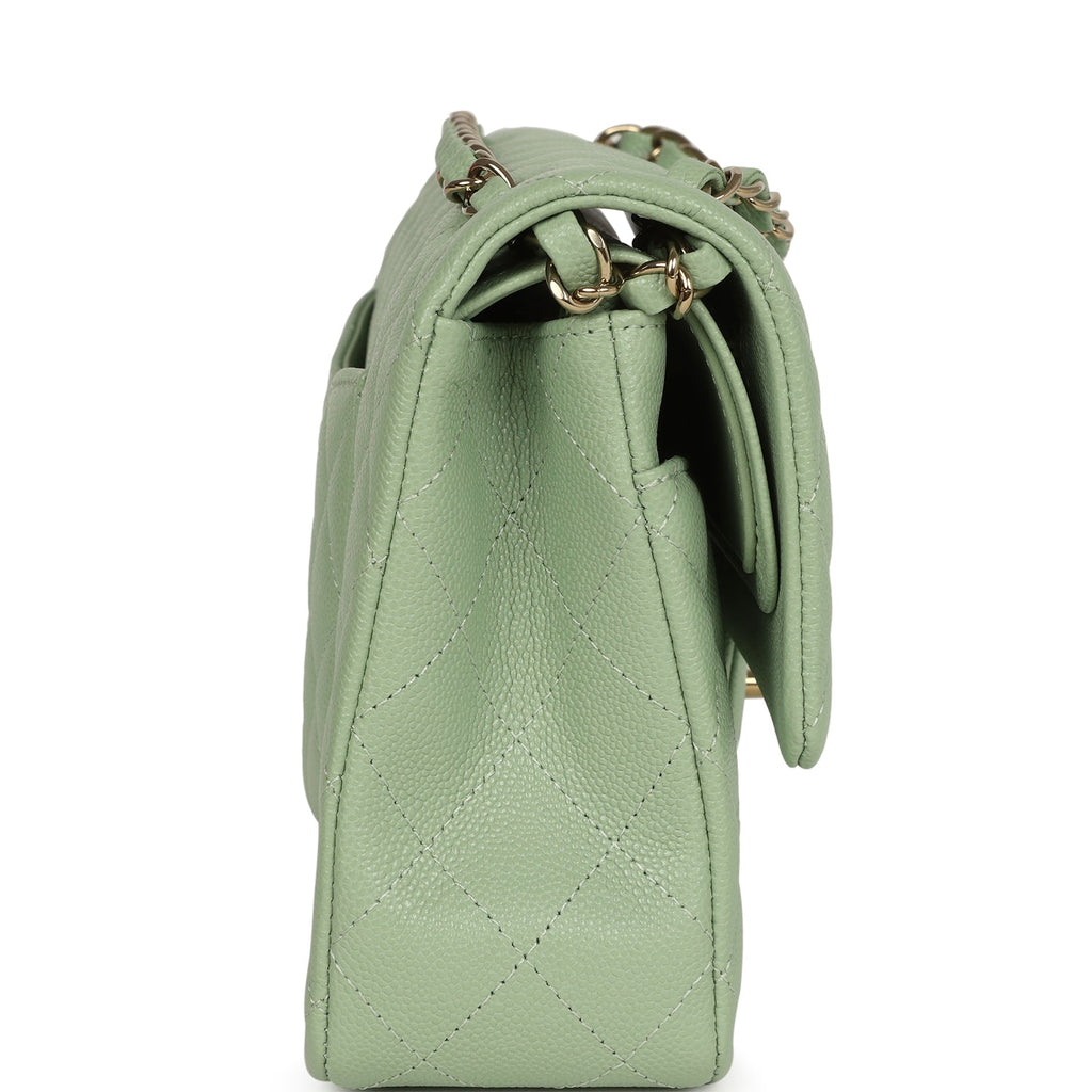 Chanel Medium Classic Double Flap Bag Light Green Caviar Light Gold Hardware