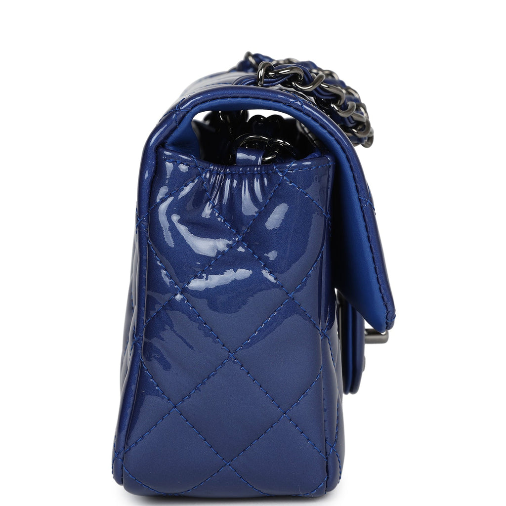 Chanel Mini Rectangular Flap Bag Blue Patent Ruthenium Hardware
