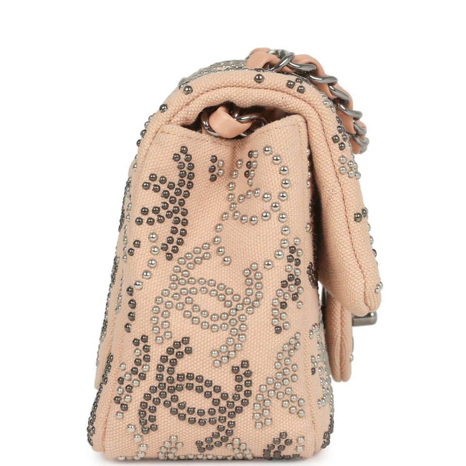 Chanel Mini CC Studded Rectangular Flap Bag Light Pink Canvas Ruthenium Hardware