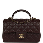 Chanel Mini Rectangular Flap Bag with Top Handle Dark Brown Lambskin Light Gold Hardware