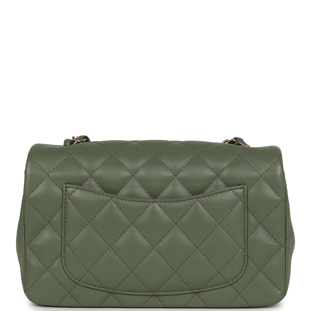 Chanel Mini Rectangular Flap Bag Dark Green Lambskin Light Gold Hardware