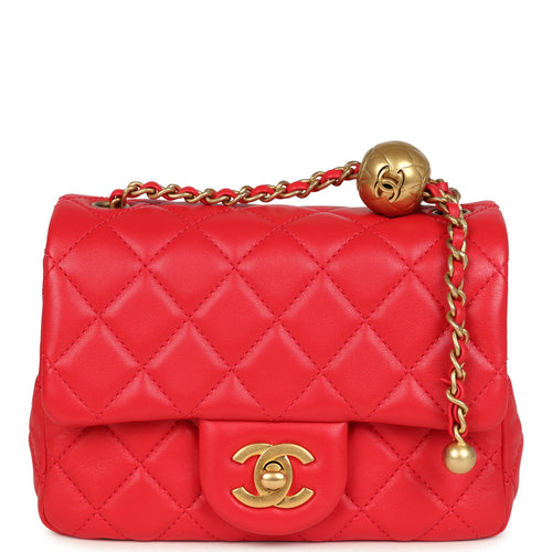 Chanel Mini Pearl Crush Square Flap Bag Red Lambskin Brushed Gold Hardware