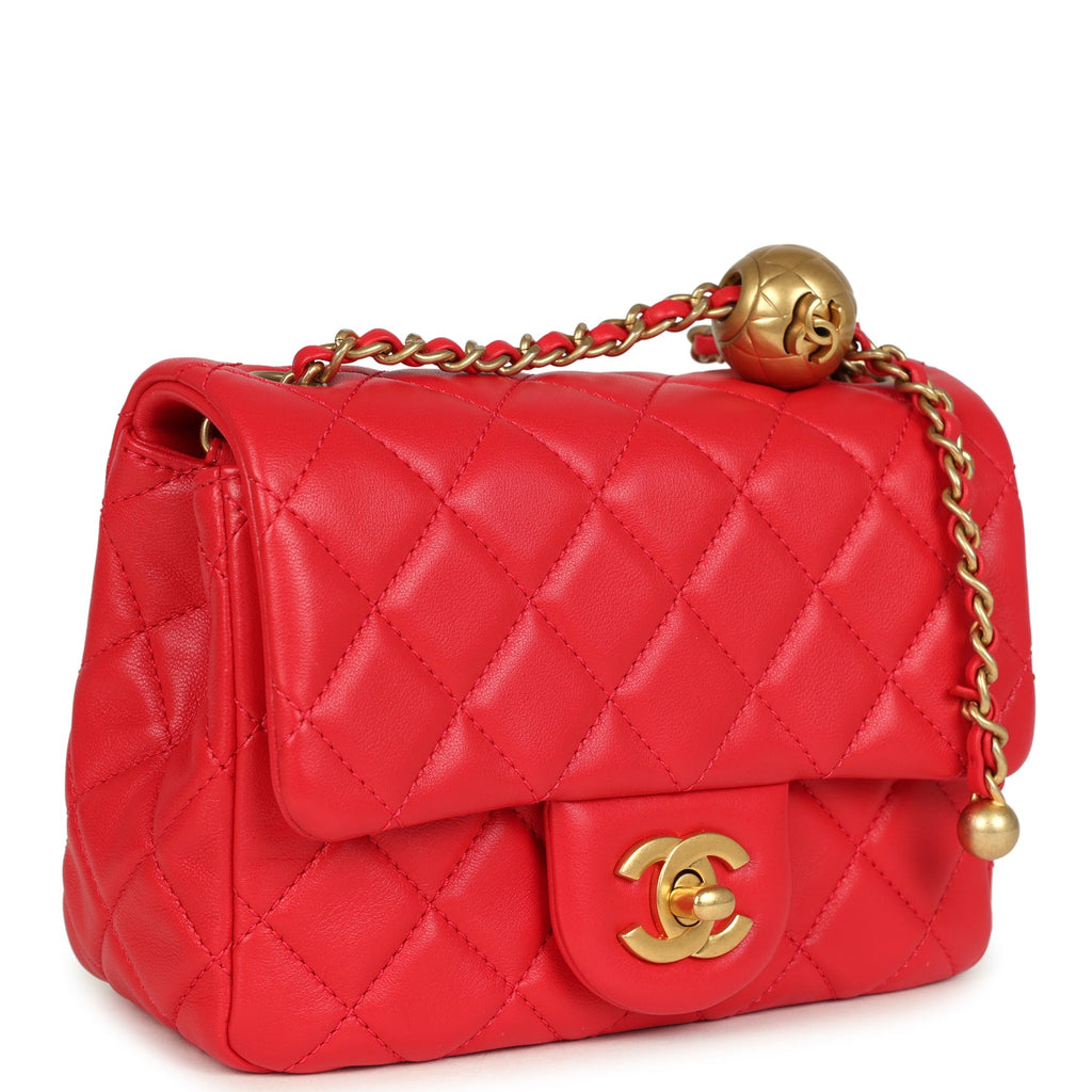 Chanel Mini Pearl Crush Square Flap Bag Red Lambskin Brushed Gold Hardware