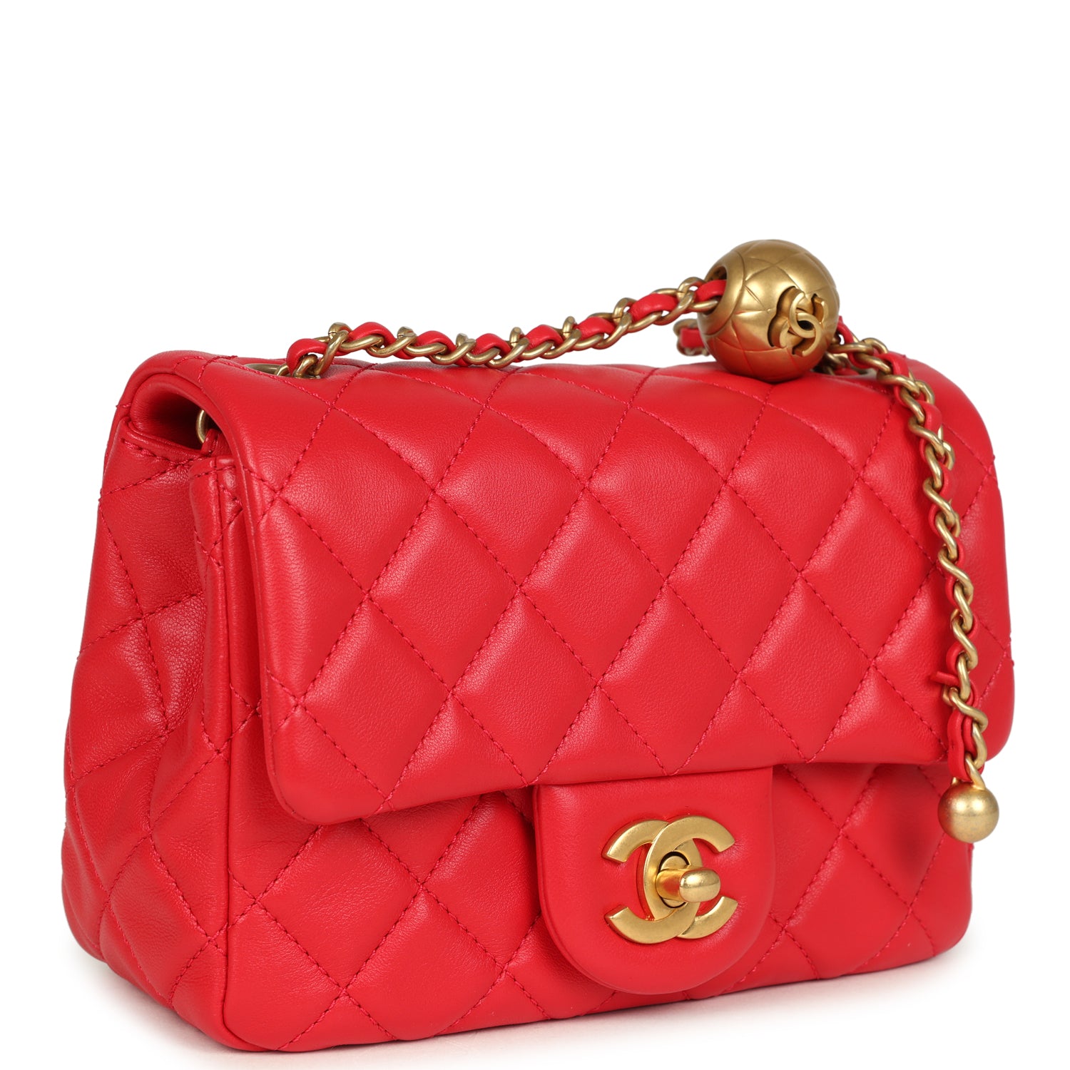Chanel Mini Pearl Crush Square Flap Bag Red Lambskin Brushed Gold Hardware