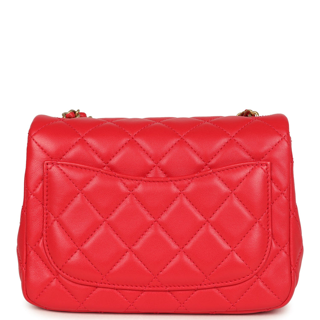 Chanel Mini Pearl Crush Square Flap Bag Red Lambskin Brushed Gold Hardware
