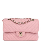 Chanel Small Classic Double Flap Bag Light Pink Chevron Caviar Light Gold Hardware