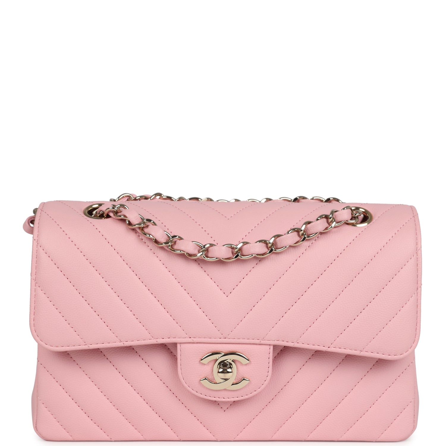 Chanel Small Classic Double Flap Bag Light Pink Chevron Caviar Light Gold Hardware