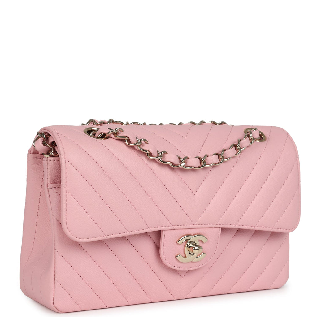 Chanel Small Classic Double Flap Bag Light Pink Chevron Caviar Light Gold Hardware