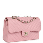 Chanel Small Classic Double Flap Bag Light Pink Chevron Caviar Light Gold Hardware