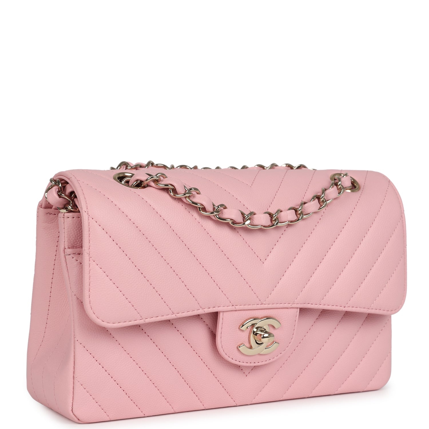Chanel Small Classic Double Flap Bag Light Pink Chevron Caviar Light Gold Hardware